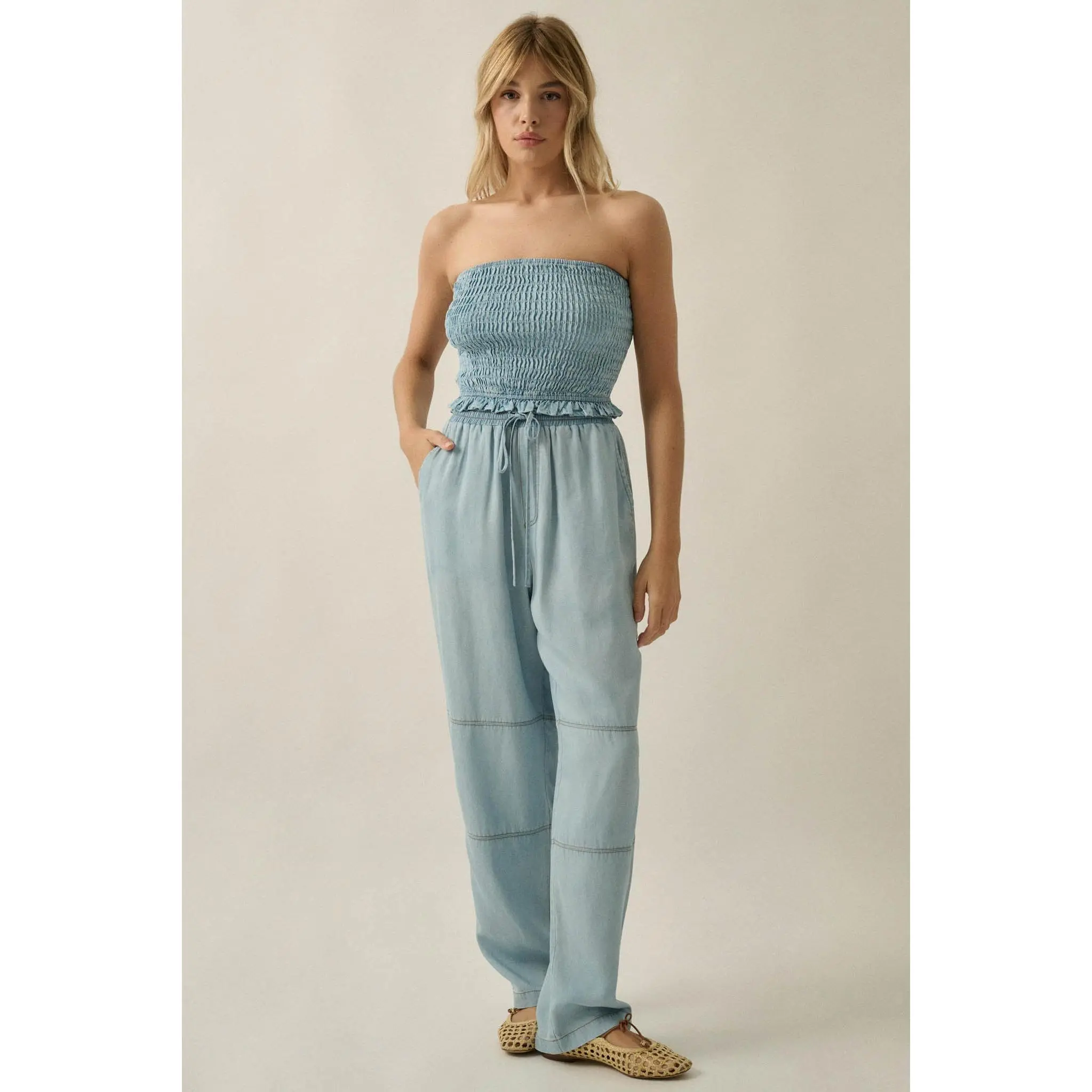 Chasing Clouds Denim Drawstring Barrel Pants