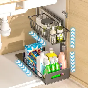 Double-Layer Metal Kitchen RackMetal under Sink Organizer, Height Adjustable (11.8"-15.8") under Sink Organizers and Storage, 2 Tier Pull Out Cabinet Organizer Drawers, under Sink Storage Shelves for Kitchen (Black) No brand