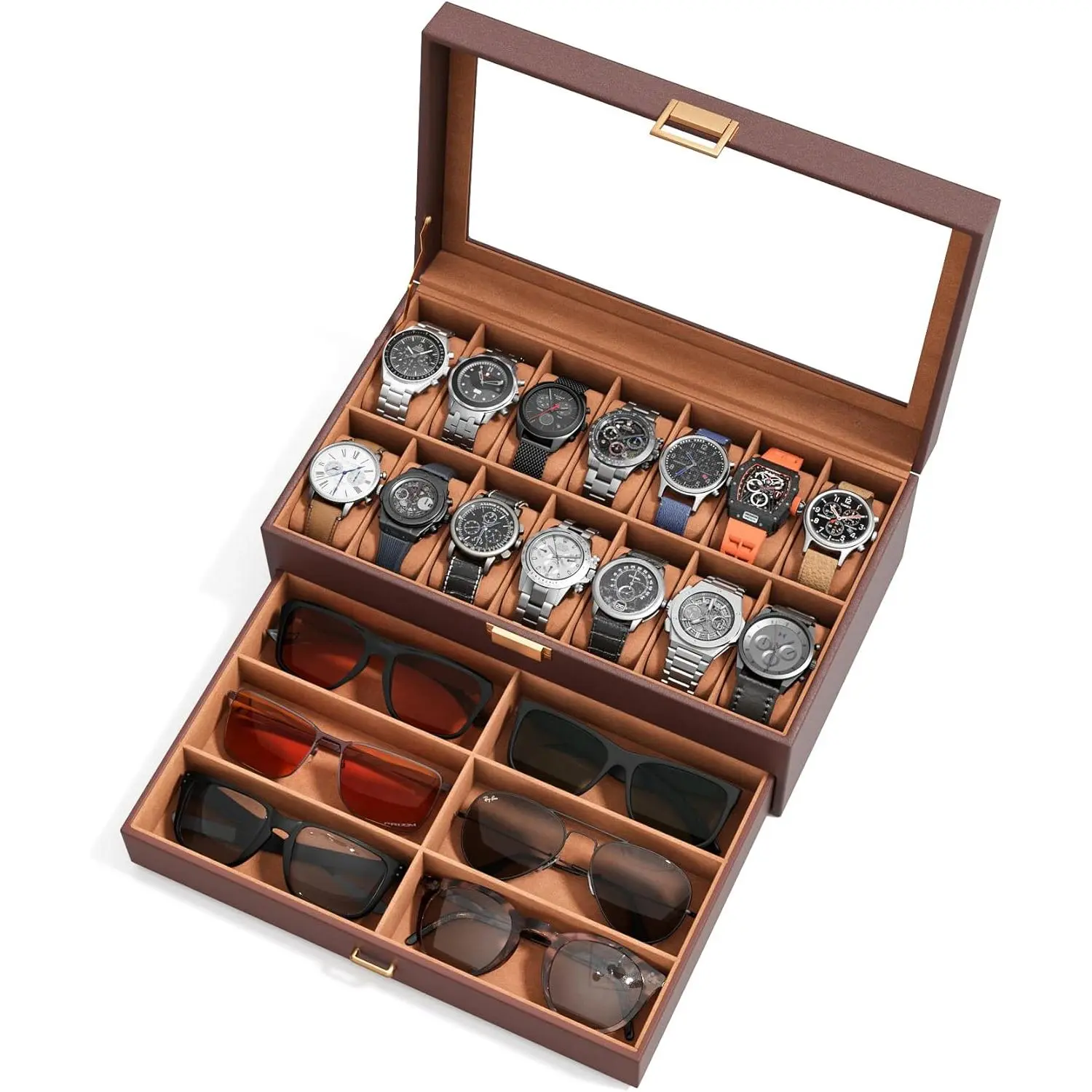 Men's Rectangular Brown Classic 2-Layer PU Leather Watch Case Box - 14-Slot Organizer, 6-Compartment Eyeglasses Storage, Real Glass Lid Adds Boutique Polish, Gifts for Boyfriend, Anniversary Organization Ideas