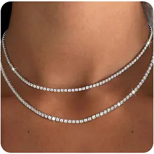 Double Layer Tennis Necklaces for Women - Dainty 14K Gold and Silver CZ Tennis Necklace Simple Tennis Chain Sparkly Diamond Choker Necklaces for Women Trendy Silver Jewelry