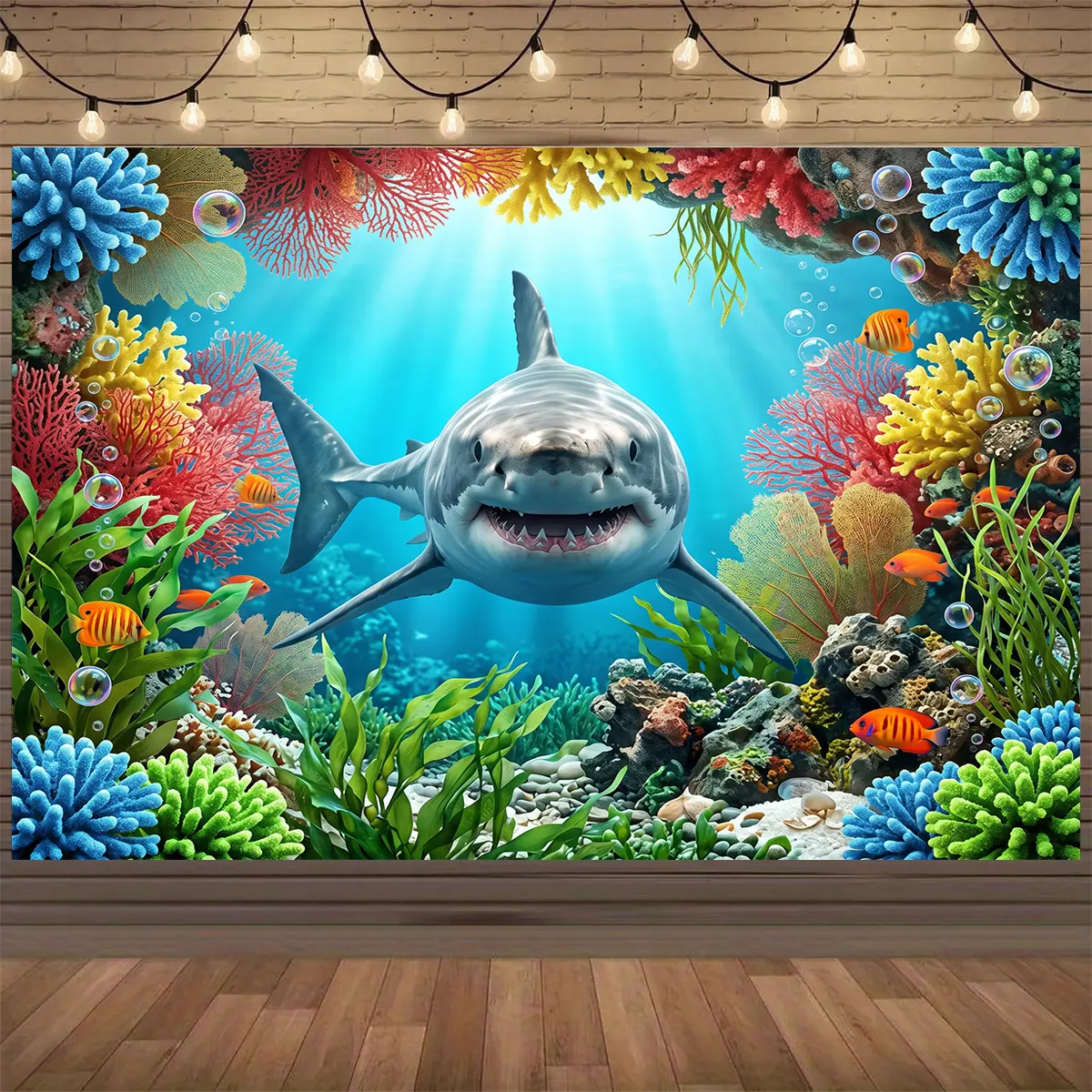 Underwater Shark Deep Ocean Seabed World Great White Shark Aquarium Polyester Backdrop, Photo Booth Studio Props Home Wall Decor for Festive Gathering Holiday Indoor Outdoor Party Decoration, Party Banner