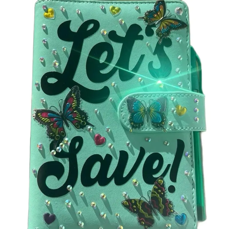 Turquoise Rhinestone "Let's Save" Budget Binder with 6 Zippered Cash Envelopes 6 Budget Sheets & Green Pen for Organized Saving