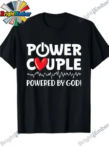 Christian Matching Couple T-Shirts - Heavyweight 220gsm Cotton Valentine's Day Gifts, His & Hers Religious Tees with POWER COUPLE POWERED BY GOD Graphic, Unisex Faith-Based Apparel for Couples, Wedding & Anniversary Outfits - Machine Washable Black