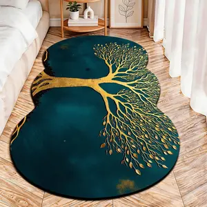 2D Flat velvet irregular rug with luxury golden tree of life pattern on deep green background, machine washable non-slip carpet for bedroom, all seasons & holiday decor, durable & easy to clean, Super Soft Rug, Contemporary Rugs