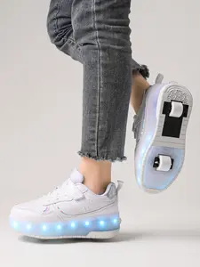 Unisex Kids' Dual-Wheel Roller Skates, New Fashion Adjustable Velcro Skate Shoes, PU Leather Breathable Lightweight Durable, LED Light USB Charge