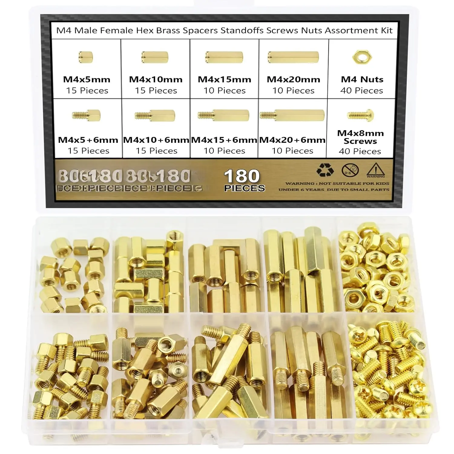 180 count M4 Male Female Hex Brass Standoffs Spacers Screws Nuts Kit,  Brass Standoffs Assortment Kit for PCB Motherboard