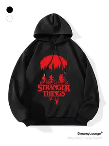 Stranger Things Group Photo Cycling Silhouette, Casual Fitted Graphic Print Tee, Home Wear for Fall & Winter, Daily Fashion, Hoodie