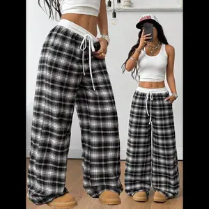 Women's checkered patch comfortable loose straight leg pants, casual style for all seasons, very suitable for daily women's clothing bottom