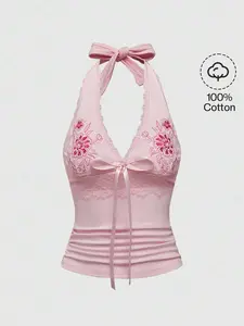 AESS Hippie Women's Y2K Floral Print & Contrast Lace Halter Neck Tie-Front Tank Top