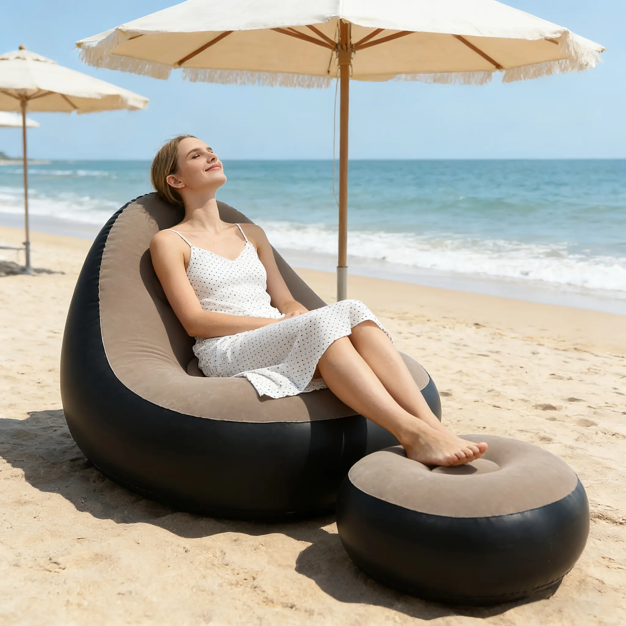 Adult Inflatable Outdoor Chair, Reclining Chair Sofa with Footstool - Heavy-Duty Portable Folding Air Cushion Sofa, Plush PVC Fabric, Indoor/Outdoor Leisure Chair 2pcs Outdoor Inflatable Sofa Set, Including Portable Air Pump