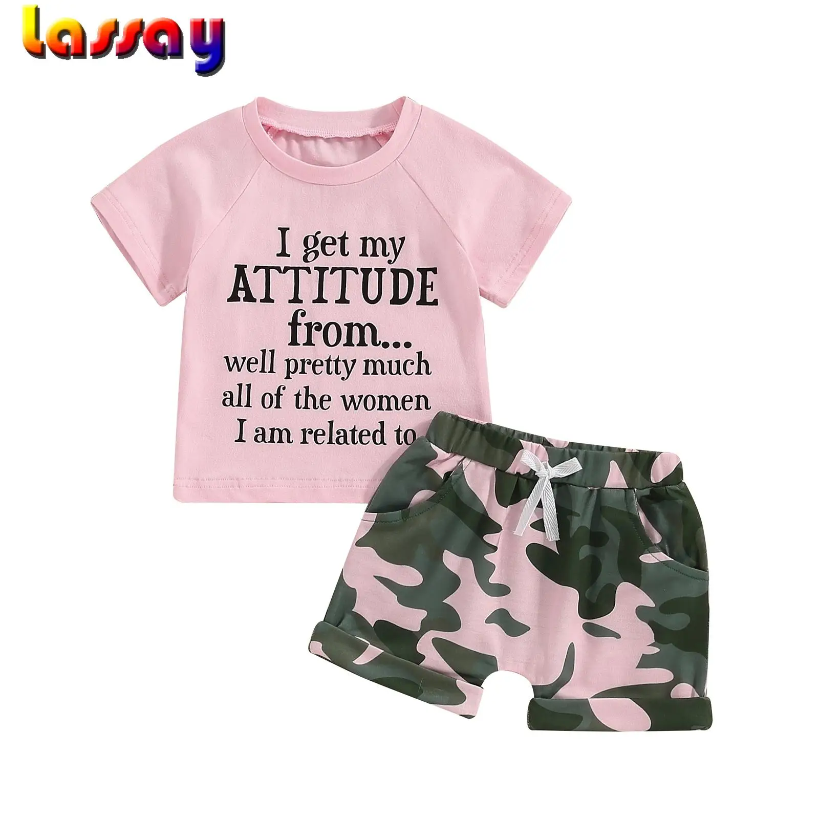 Little Girl Summer Clothes Short Sleeve Letter Print Tops with Camouflage Pattern Shorts 2 Pcs Outfit