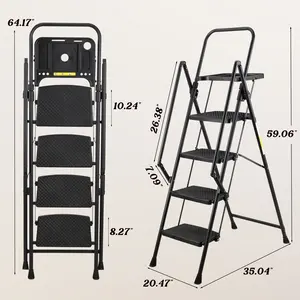 Ladder, foldable step stool with anti slip wide steps and detachable tool tray, comfortable anti slip handrails, no installation, sturdy steel structure, suitable for homes and offices