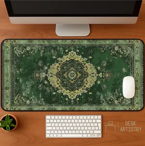 [SALE UP TO 45%] Vintage Persian Rug Desk Mat_ Distraught Green Oriental Office Decor