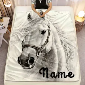 1Pc Lightweight Flannel Horse Blanket - Soft, Cozy, And Durable Polyester Bedding For Sofa, Bed, Travel, Camping, Living Room, Office, And Chair - Elegant Black & White Horse Design With "Name" Placeholder, Perfect For Home Decor, Travel Blanket |   Elega