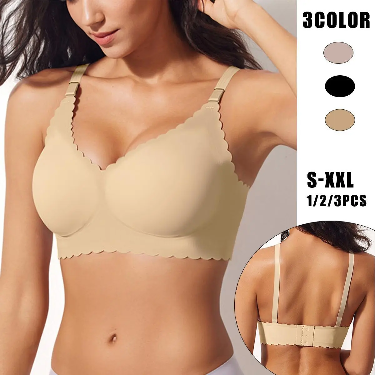 Z 3/2/1pcs EssElegance Seamless Scalloped Bras for Women No Underwire Wireless Push Up Bra Soft Support Full Coverage Comfort Everyday Bra