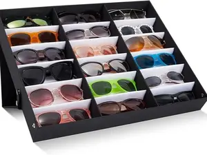 18-Slot Sunglass Organizer & Sunglasses Case - Black 18.7 x 13.9 x 2.4 in - Eyeglass Holder & Glass Display Box for Desk & Vanity - Travel Storage Organizer & Watch Storage Box