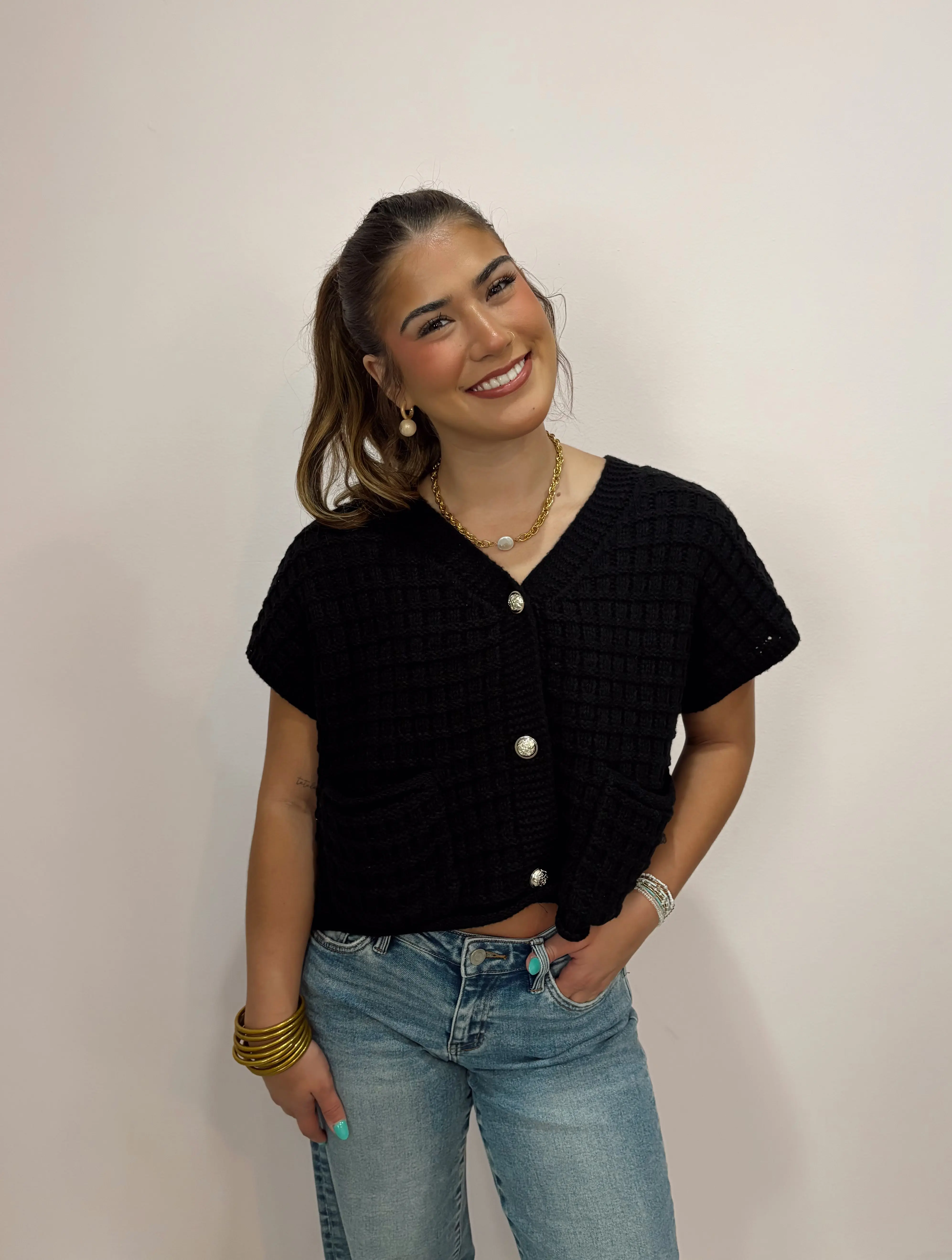 Black Waffle Crop Cardigan