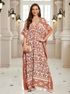 Beach Cover-Up Dress with Paisley Print, V-Neck Batwing Sleeve Long Robe, Summer Swimwear Sun Protection Outer Shell, Swimsuit Cover Ups