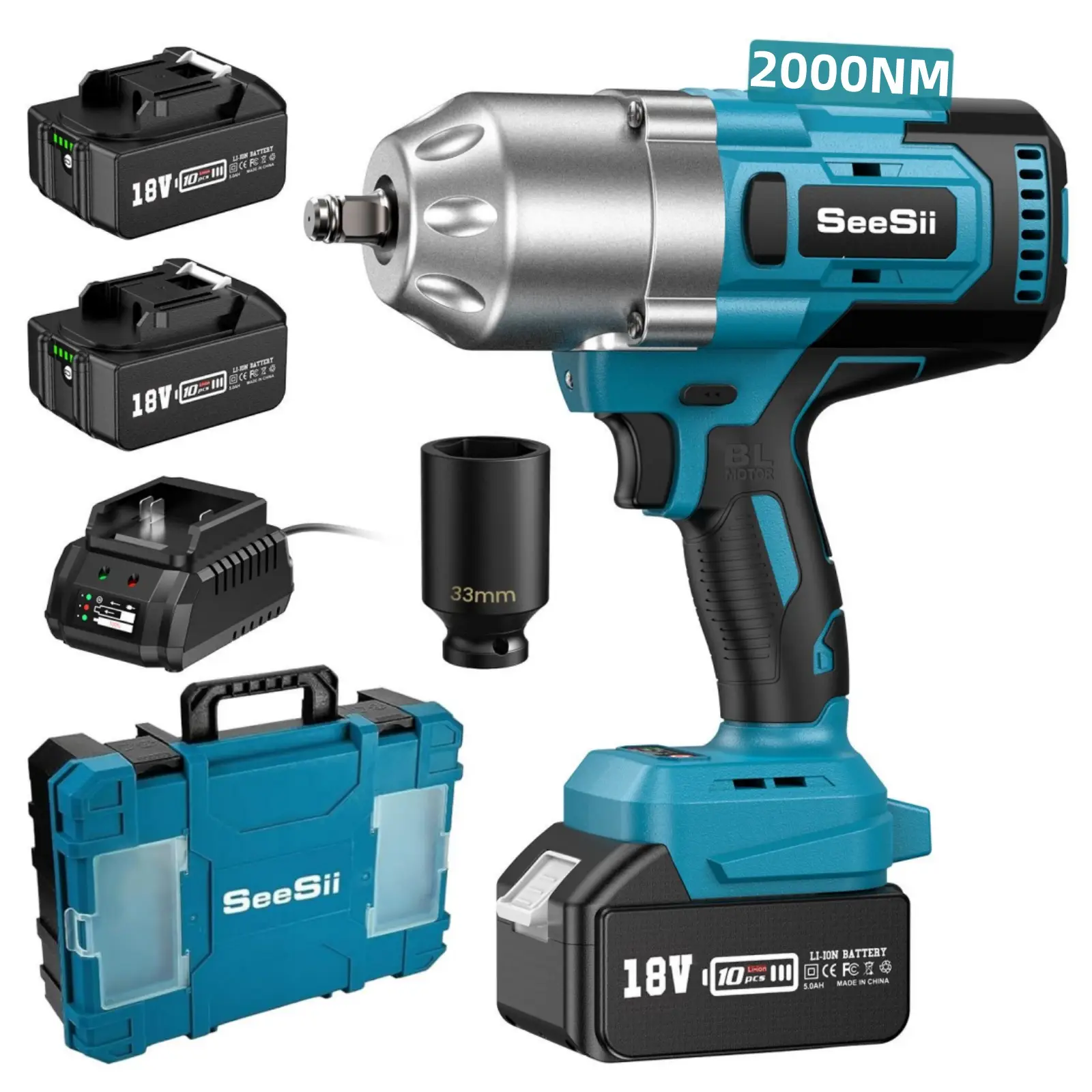 Seesii 2000N.m High Torque 1/2 Impact Wrench, 1475Ft-lbs Brushless Impact Wrench Kit with Friction Ring, 2x 18V Rechargeable Battery, Cordless Impact