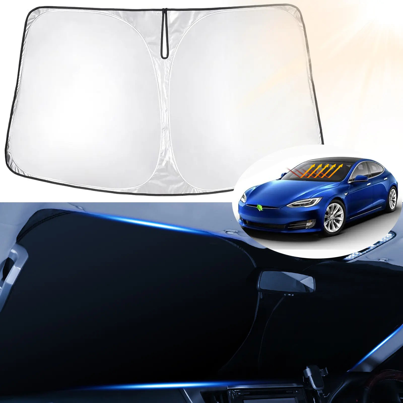 Canvcle Windshield Sun Shade for Tesla Model S 2012-2026 (Fit Long Range/LR Model) Foldable Black 240T Fabric Blocks 99% UV Rays Keeps Car Cooler, Car Sunshade Windshield Outside, Car Accessory