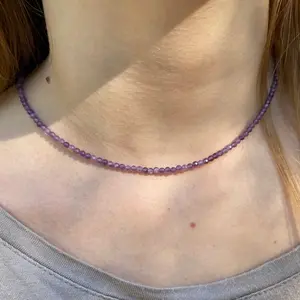 Natural Crystal Gemstone 2mm Faceted Bead Tiny Natural Purple Amethyst Beaded Dainty Simple Choker Necklace, Healing Crystal Necklace