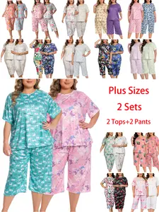 LONAGIRL Women's Plus Size Soft Pajamas Set - 2 Tops & 2 Bottoms Capri/Shorts Comfy Sleepwear Loungewear for Plus-Size Women Pjs Womenswear tiktokshopspringglowup blue pyjamas