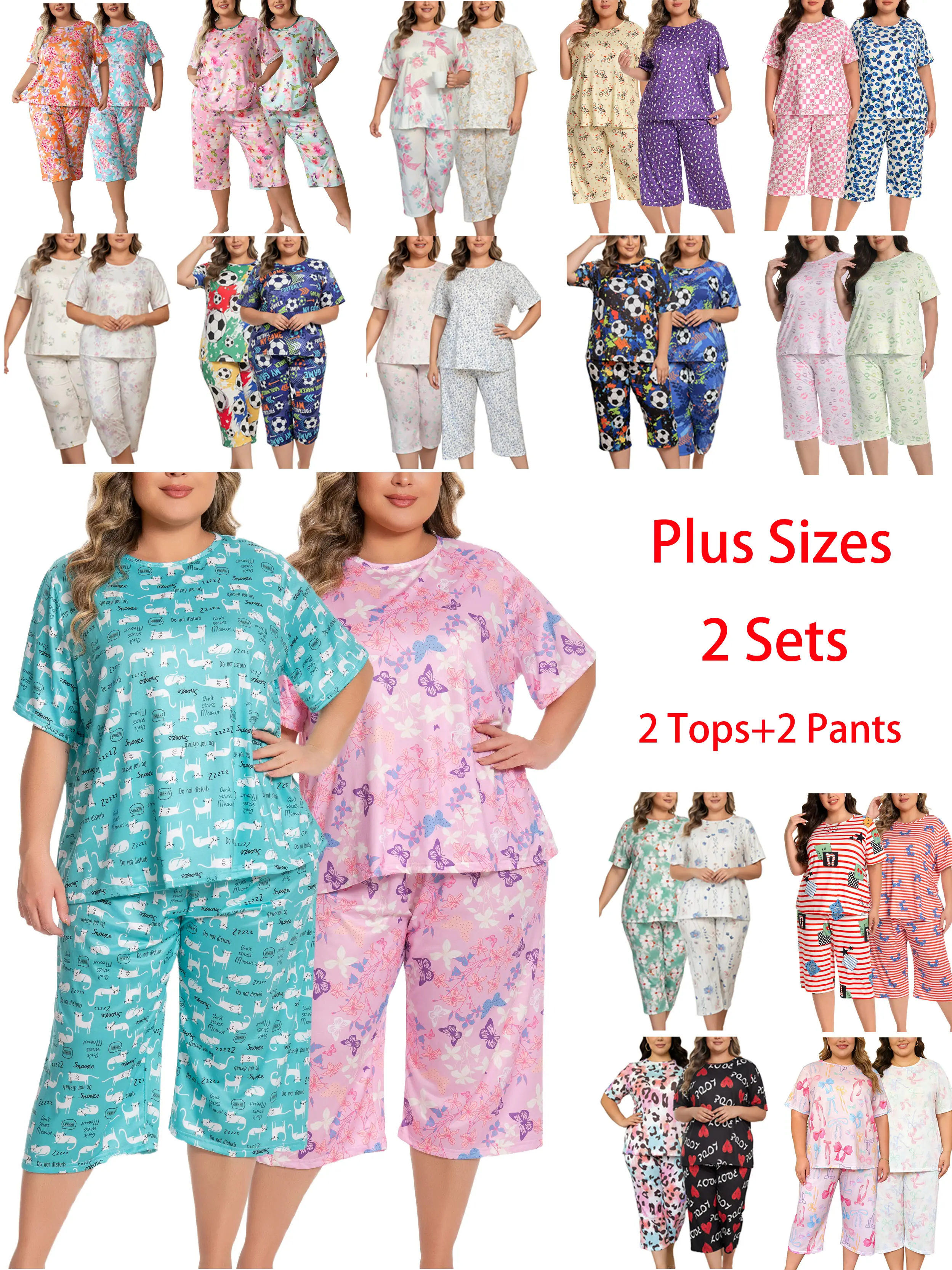 LONAGIRL Women's Plus Size Knitted Printed Short-Sleeve Pajama Sets - 2 Tops, 2 Bottoms (Capri/Shorts), Soft Machine-Washable Summer Sleepwear Loungewear, Pajama Sets Women, Knitting Printed