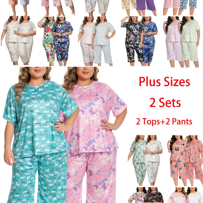 LONAGIRL Women's Plus Size 2XL Knitting Short-Sleeve Pajama Set - Comfy Floral Design, 2 Tops & 2 Bottoms (Capri/Shorts), Soft Machine-Washable All-Season Sleepwear & Casual Loungewear