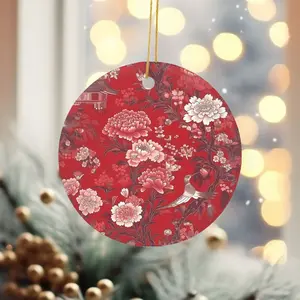 Red Chinoiserie Ceramic Ornaments, Christmas Tree Decoration - Circle, Star, Heart, Oval Shapes
