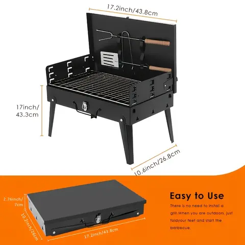 Foldable Cast Iron BBQ Charcoal Grill - Compact Fold-Flat Carry Pack-Flat Lightweight Portable Barbecue with Windshield, Tools, Indoor, Camping, Backyard Sports & Outdoor Accessories