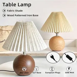 Nordic Style Bedside Lamp, Vintage Wood Pattern Iron Art Base, E27 Socket, European Plug, Bedroom Table Light, Indoor Decorative Light, No Bulb Included