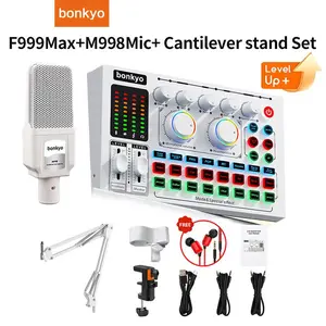 Bonkyo Sound card Set F999MAX+M998Mic, DJ Mixer, Seamless Streaming, Engaging Podcasting & Immersive Gaming for Smartphone Use, White Audio Receiver Amplifier