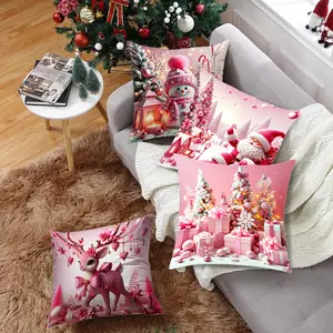 New Christmas Theme Pink Snowman Print Pillowcase Creative Decorative Cushion Home Decor Holiday Gift Cushion Cover