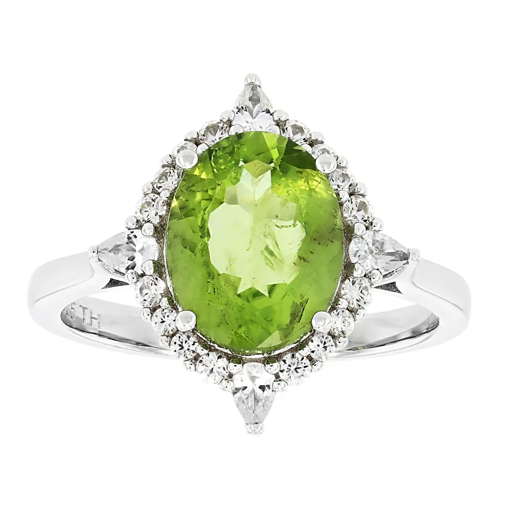 Classic Peridot Ring for Women in Rhodium Plated Sterling Silver, 2.46ctw Manchurian Oval Center with White Zircon Halo, 0.58"L x 0.65"W, Adults