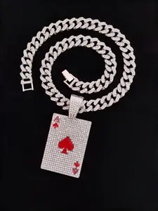 Hiphop Heart a Poker Pendant Necklace, Zinc Alloy Cuban Link Chain with Sparkling Rhinestones, Perfect for Halloween Gift & Daily Wear, Jewelry Gifts