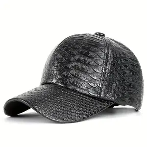 Premium Black Crocodile-Embossed Faux Leather Baseball Cap - Street Style Hip Hop Sun Protection Hat, Lightweight & Hand Washable