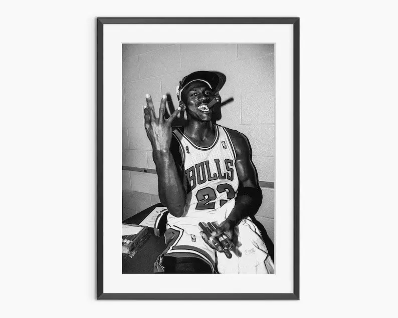 Michael Jordan Smoking Cigar Black-and-White Photography Print, Home Decor Wall Art Poster for Living Room Bedroom