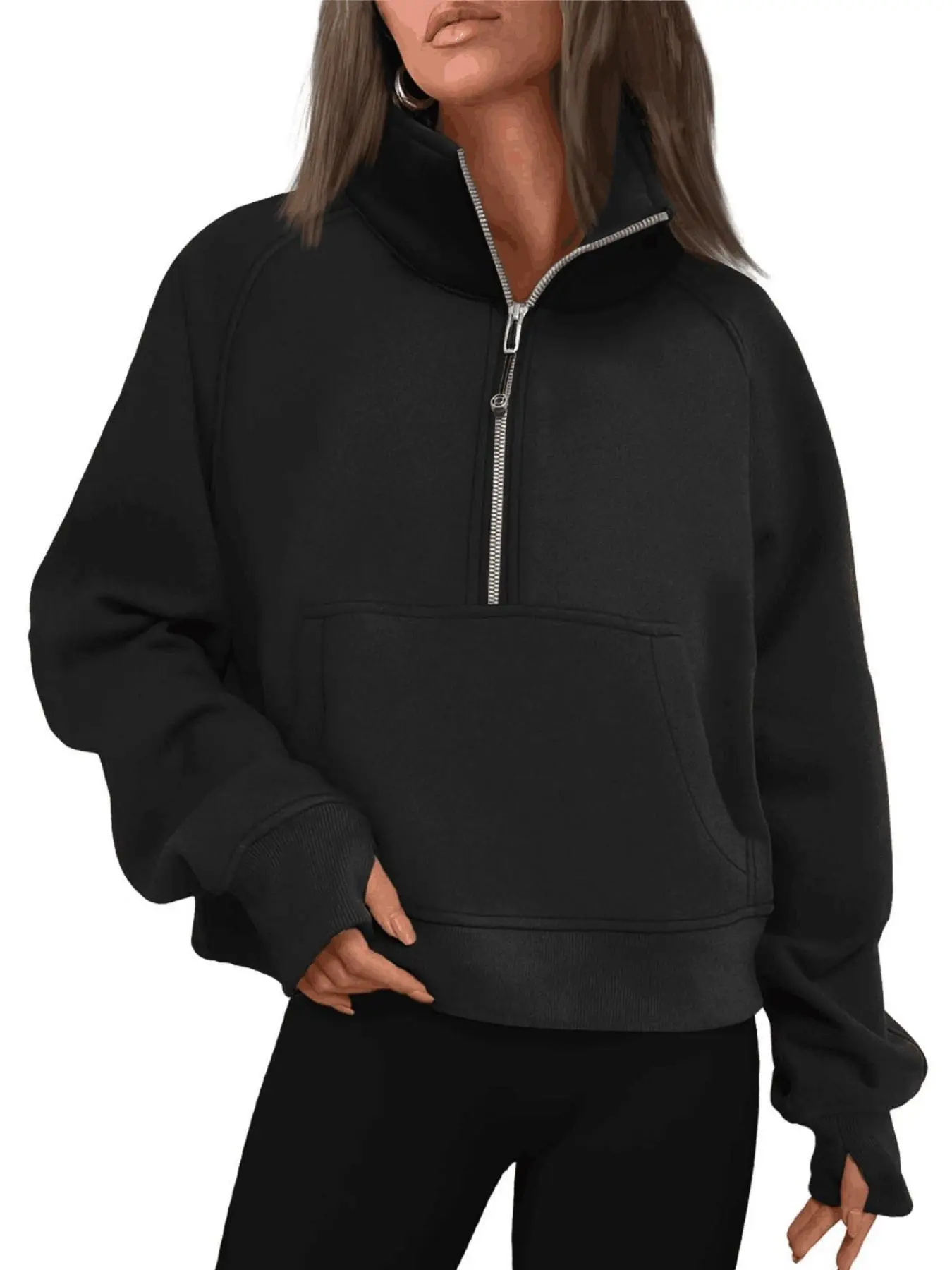Women's New Fall Winter Fashion Plain Half-Zip Pocket Long Sleeve Sweatshirt, Casual Fitted Top, Stylish and Versatile