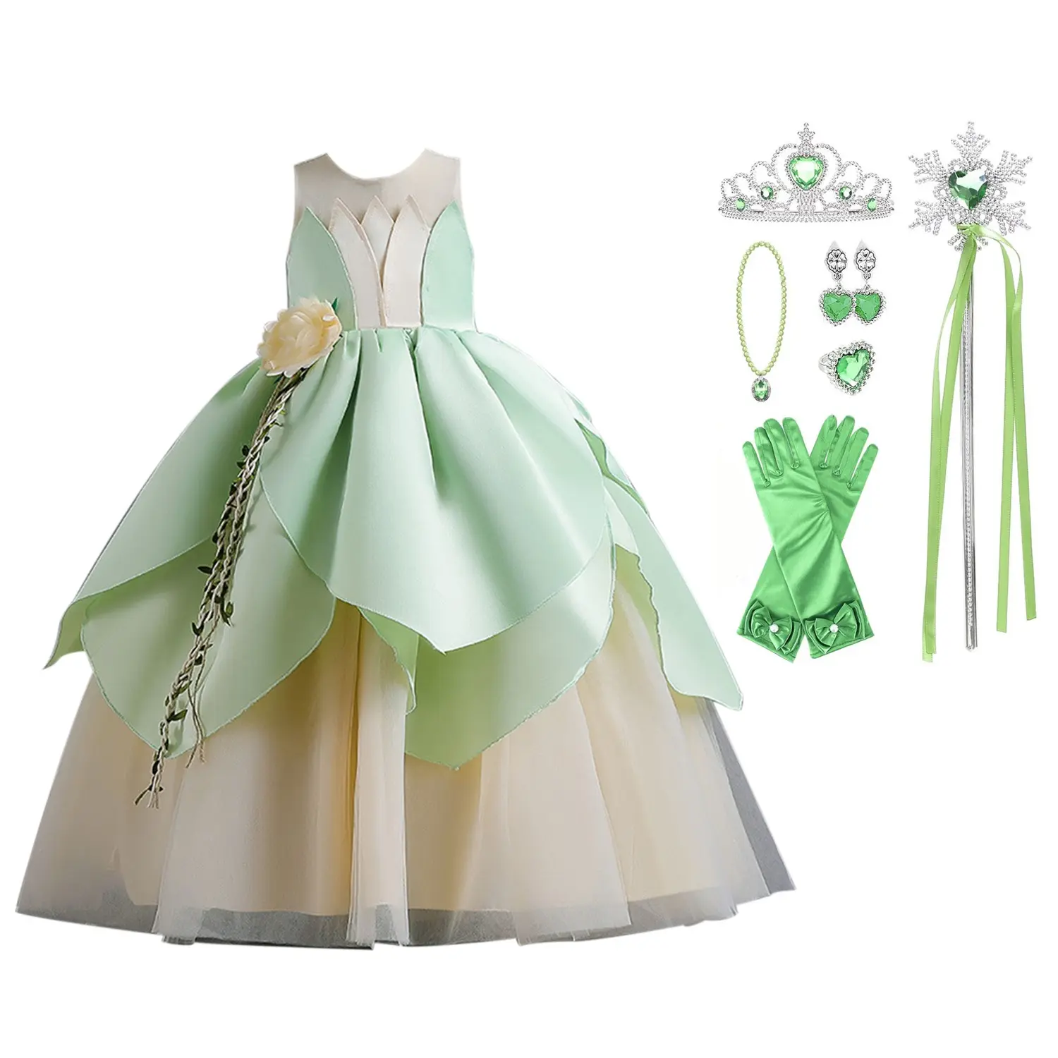 Girls' Princess Frog Costume Dress with Leaf Bodice and Puffy Multi-Layer Skirt, Includes Tiara, Wand, Earrings & Bead Necklace for a Girls' Birthday Party & Halloween Cosplay, Crew Neck, Princess Dress, Maxi Dress