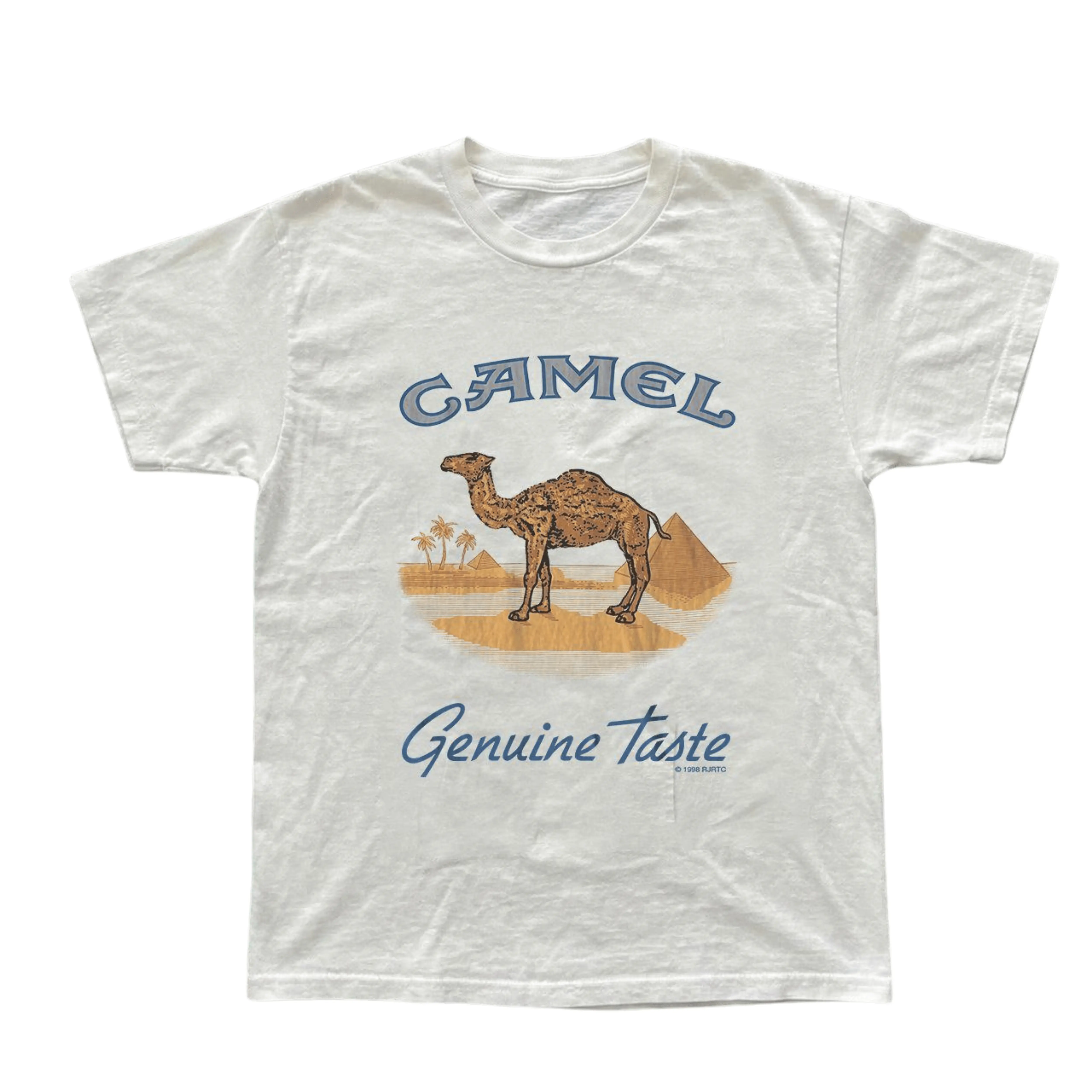 Gildan Men's and Women's T-Shirt, Vintage Style Camel Genuine Taste Graphic Tee, Unisex Casual Top, Retro Desert Pyramid Shirt, Old School Advertising Clothing, Matching Couples Outfits, Unique Birthday Present, Premium Cotton, 90s Merch