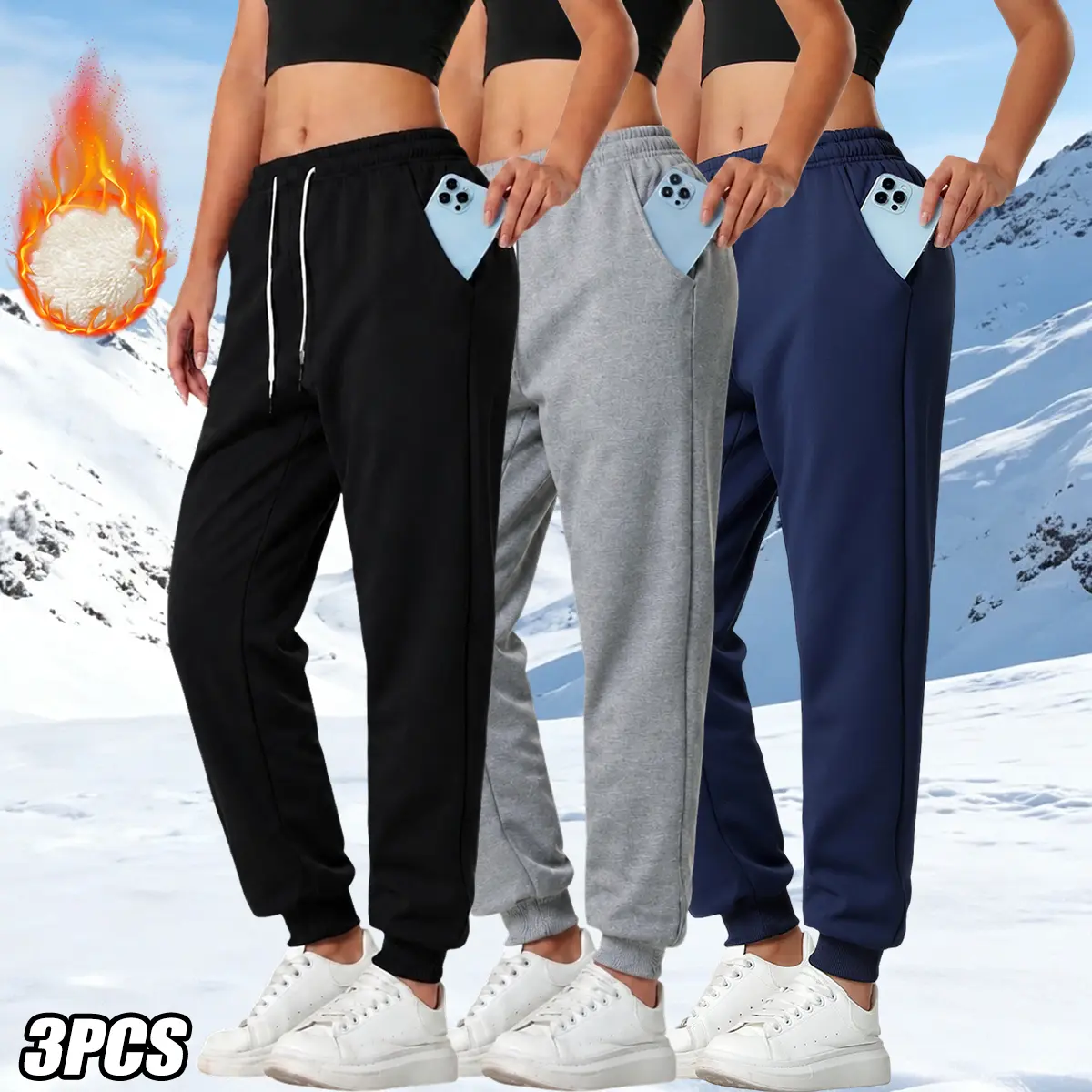 3-Pack Women’s Thick Fleece Sweatpants for Autumn/Winter, Skin-Friendly, Elastic Waist with Drawstring, Casual Loose Fit Cuffed Joggers, Stretchy Waistband with Adjustable Drawstring, Suitable for Everyday Wear Year-Round, Versatile Long Pants