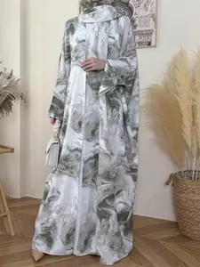 Women's Marble Print Long Abaya, Loose Fit Islamic Fashion Cardigan, Casual Front Open Coat, No Headscarf Included