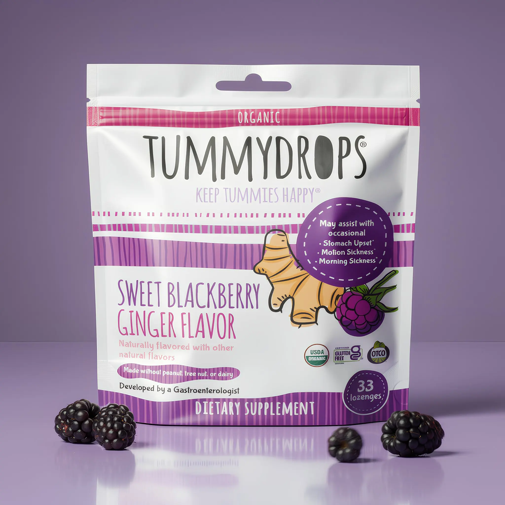 Tummydrops Organic Blackberry Ginger Lozenges - Organic Sugar, 33 Ct, Bloat-Relieving Health & Wellness Supplement
