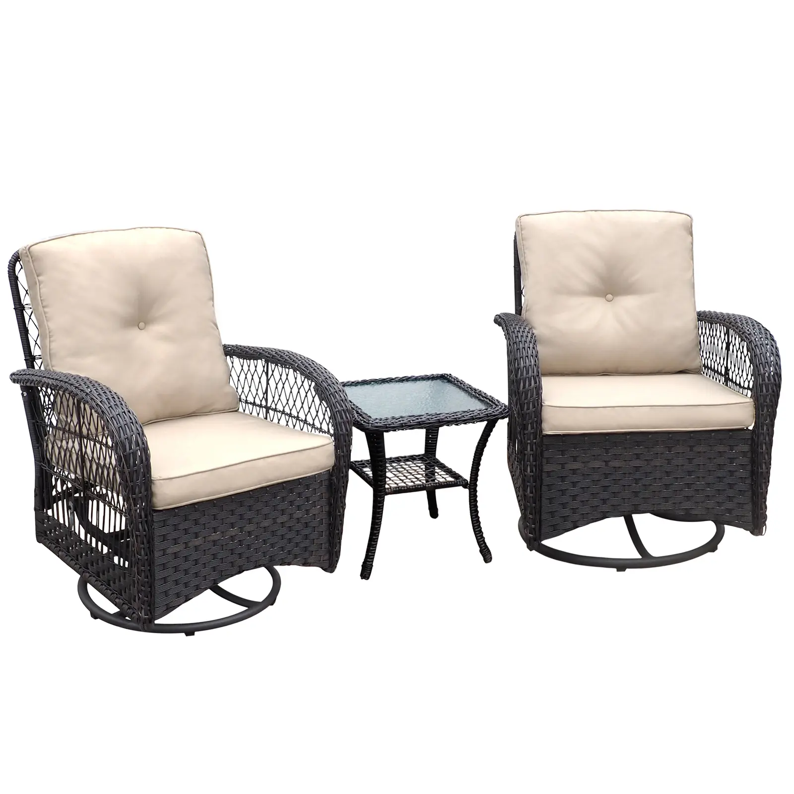 3 Pieces Patio Swivel Rocker Chairs Set, All-Weather Outdoor Swivel Glider Rocker, Wicker Patio Bistro Set With Cushions And Table For Porch Garden rocking