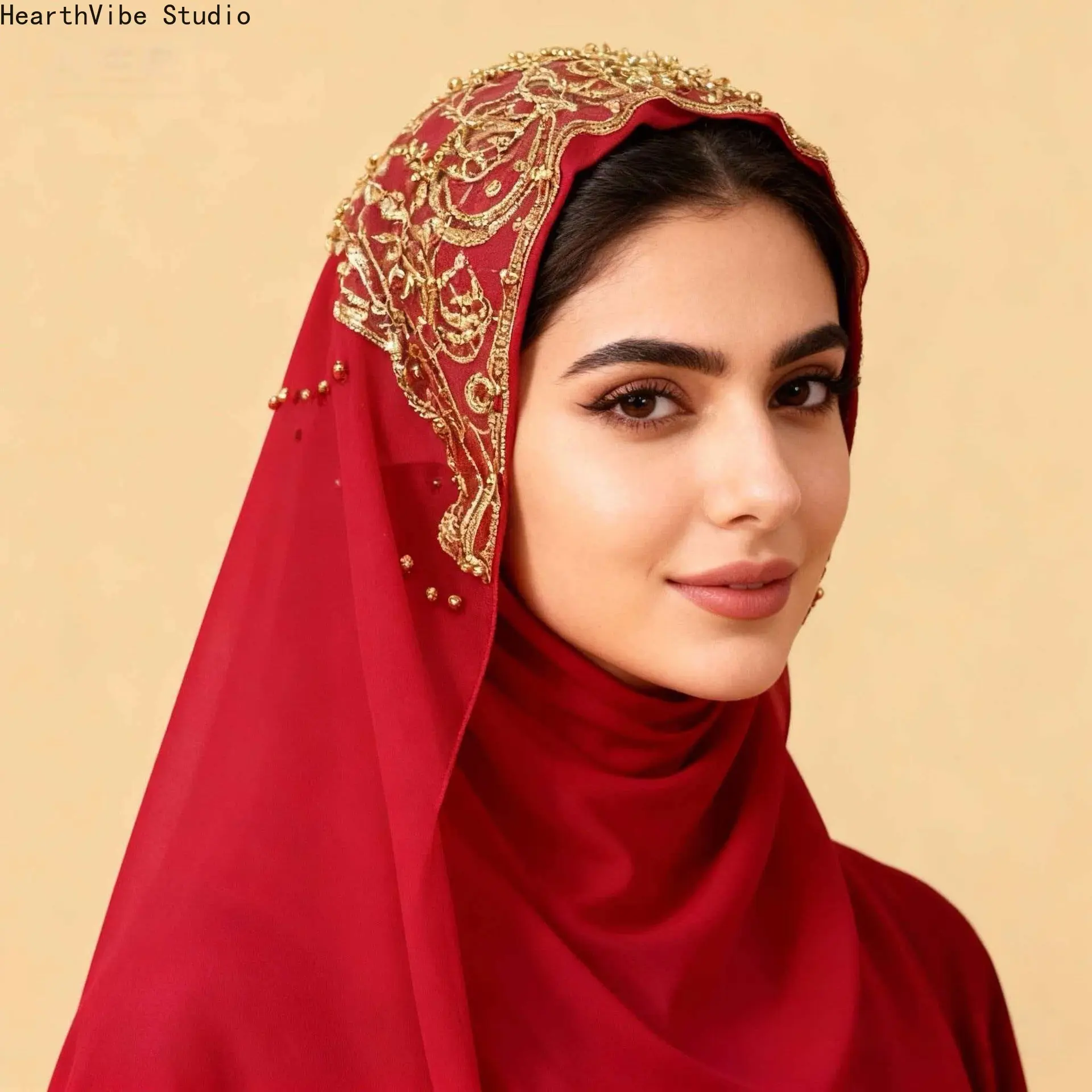 Plisse Chiffon Hijab for Women, Elegant Red Shawl with Gold Floral Embroidery for Eid & Wedding Parties