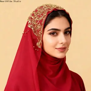 Luxury Red Chiffon Hijab with Heavy Gold Floral Embroidery, Premium Soft Breathable Headscarf, Elegant Muslim Women Shawl for Eid, Wedding & Henna Party Wrap