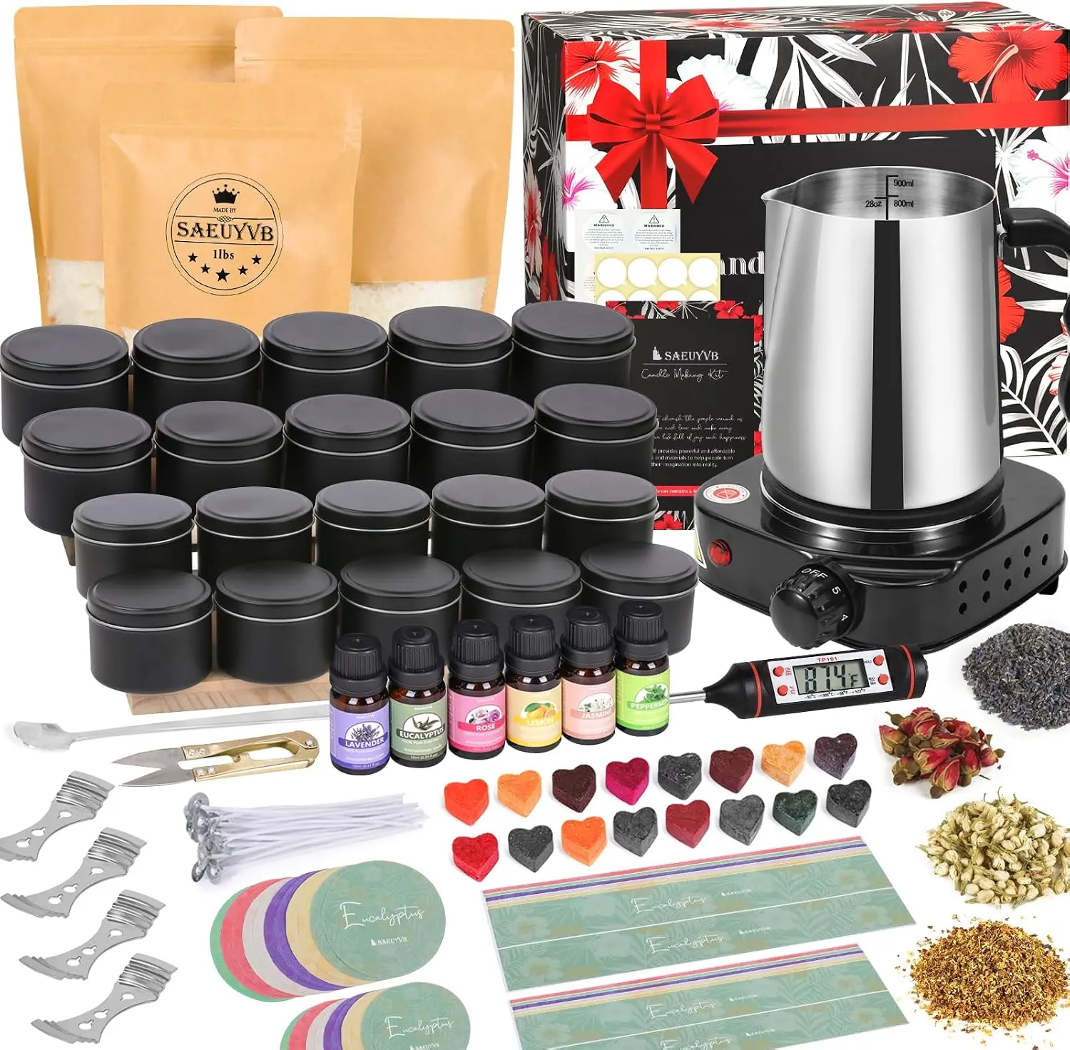 SAEUYVB Complete Candle Craft Kit for Adults - DIY Starter Soy Candle Making Supplies: Soy Wax, Electric Stove, Melting Pot, Wicks, Rich Scents, Stickers & More, Complete Kits