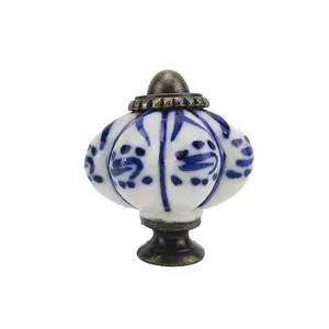 4/8/12pcs Hand-Painted Blue Ceramic Pumpkin Knobs, Vintage Floral Drawer Pulls, Antique Brass Base, Suitable for Cabinets, Dressers, Bowls