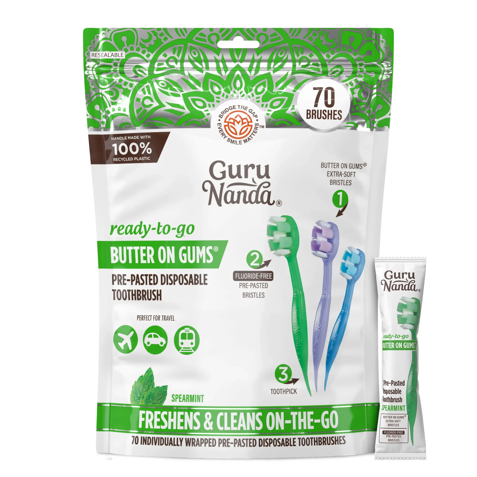 GuruNanda 2-in-1 Ready-to-Go Soft Toothbrush & Toothpick, Spearmint Flavor, Fluoride-Free Toothpaste, Individually Wrapped, Travel-Friendly, 70 Count