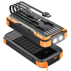 20000mAh Solar Powered Power Bank, Built in 4 Cables Fast Charging Power Bank with Super Bright Flashlight, Portable Charger for Outdoor Activities, Phone, Smartphone, Chargeable